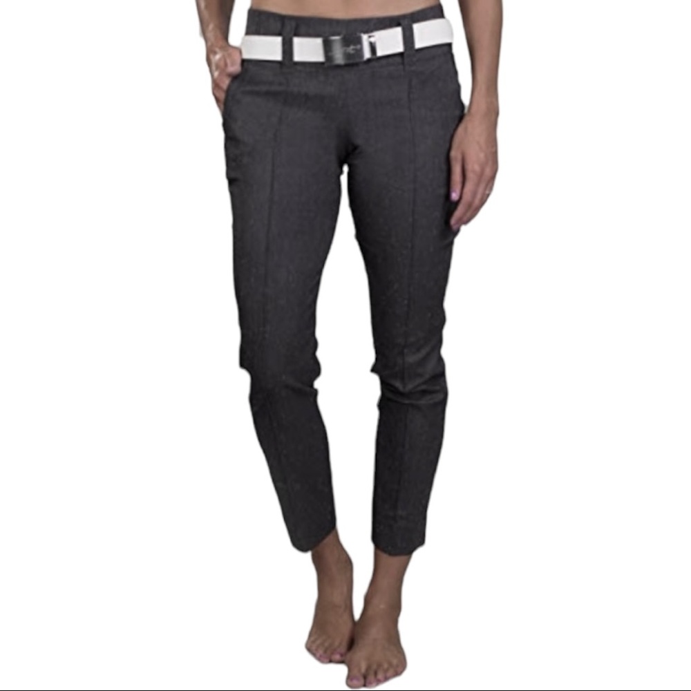Jofit Women's Ankle Cropped Slim Golf Pants in Charcoal with White Belt.